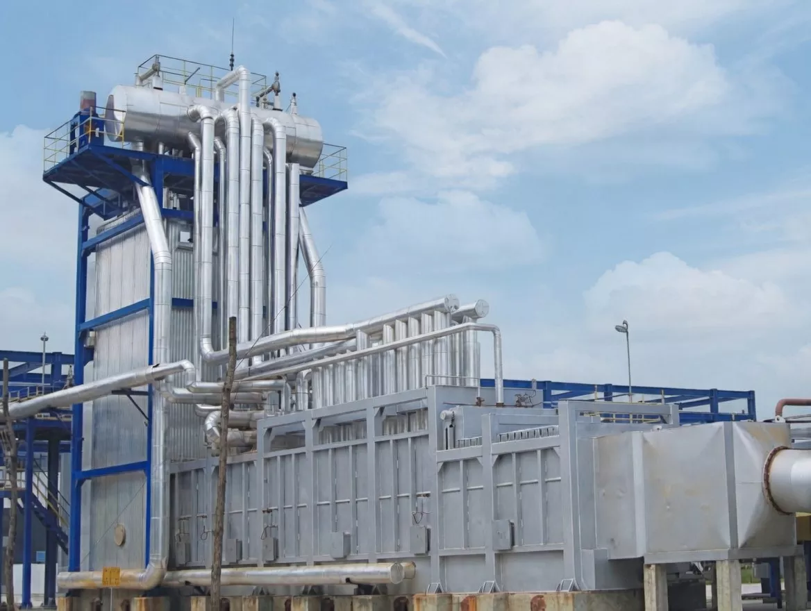 Organic Waste Liquid Incinerator Compact organic waste liquid incinerator installed at a pharmaceutical facility
